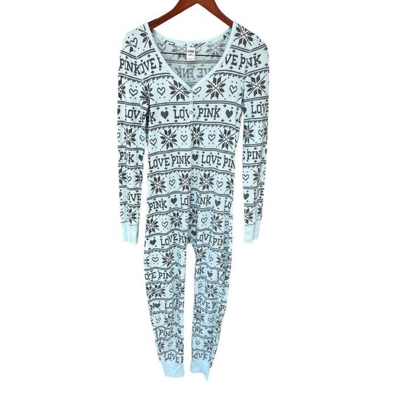 Victoria Secret PINK Logo Hearts Snowflake blue One piece Size medium butt flap - Picture 2 of 7